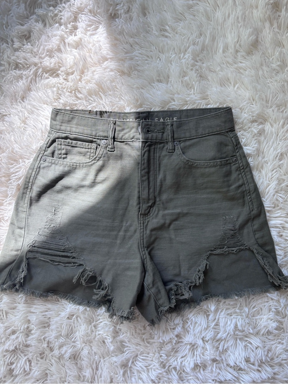 American Eagle Outfitters Olive Green High-Rise Distressed Denim Shorts